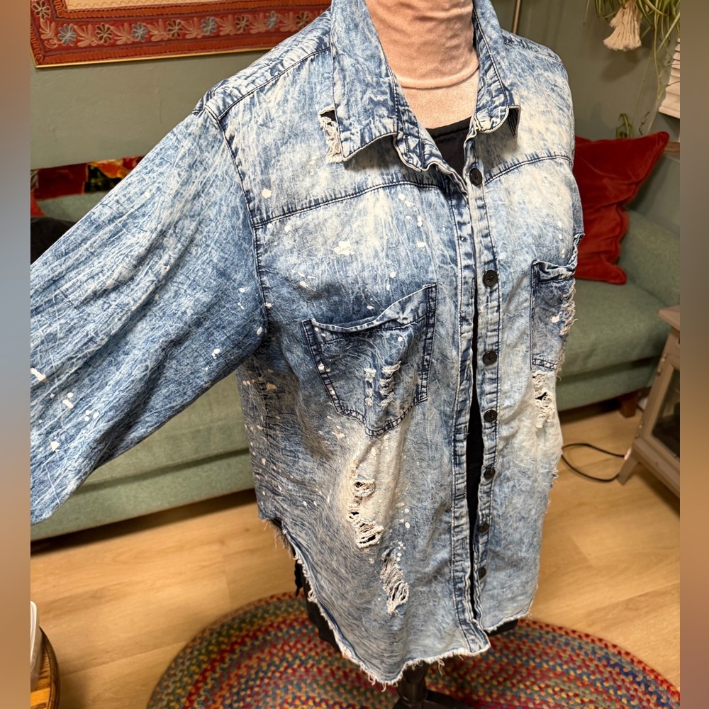 Thrill Jeans Lightweight distressed acid wash denim Cotton tunic top shirt 2X
